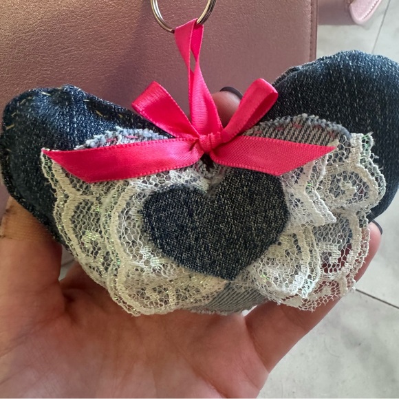 Handmade Denim Heart Charm with Lace and Pink Ribbon - Picture 5 of 9